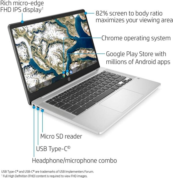 HP Chromebook - 14" HD Display, Intel Pentium Silver N5000, 4GB RAM, 64GB eMMC, Intel UHD Graphics 605